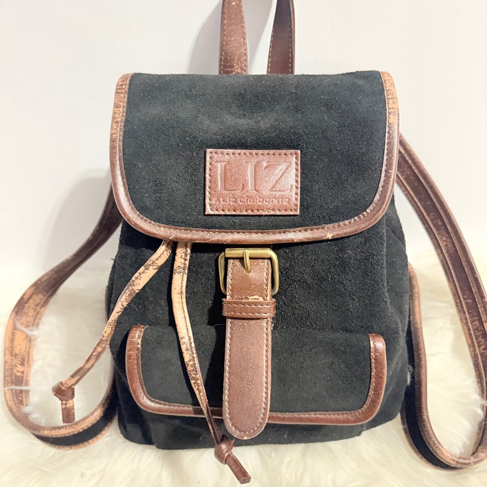 Liz Claiborne Vintage Mini Backpack Distressed Black Suede Leather Trim